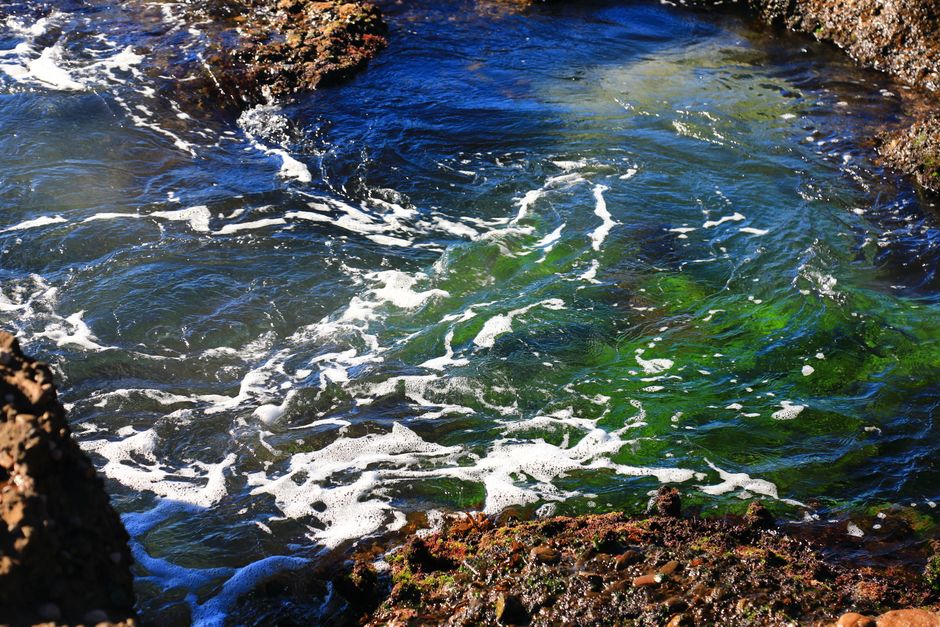Dynamic ocean waves splashing against mossy rocks in a vivid marine scene.